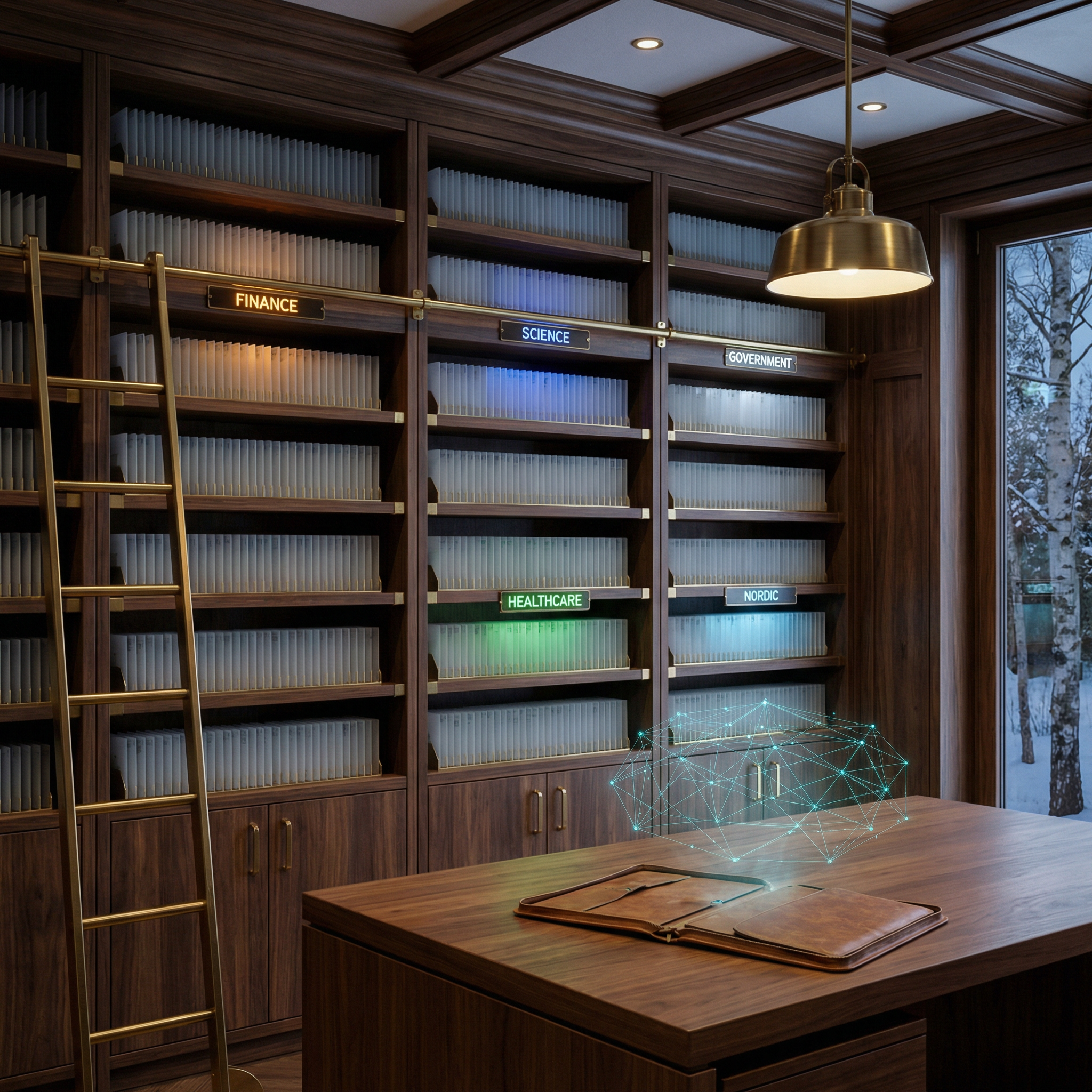 Photorealistic mid-century executive library with floor-to-ceiling dark walnut shelving and brass brackets. Instead of books, the shelves hold upright frosted glass data cards in labeled sections with engraved brass plaques: Finance, Science, Government, Healthcare, Nordic. Each card glows faintly in its category color. Rolling brass library ladder on the left. Walnut reading table with open leather portfolio in the foreground. A translucent holographic network graph hovers subtly above the table with thin cyan lines. Coffered ceiling, brass pendant light, tall window with snow-dusted Norwegian birch trees. 28mm lens, f/4, warm tones with subtle cool data-glow accents.
