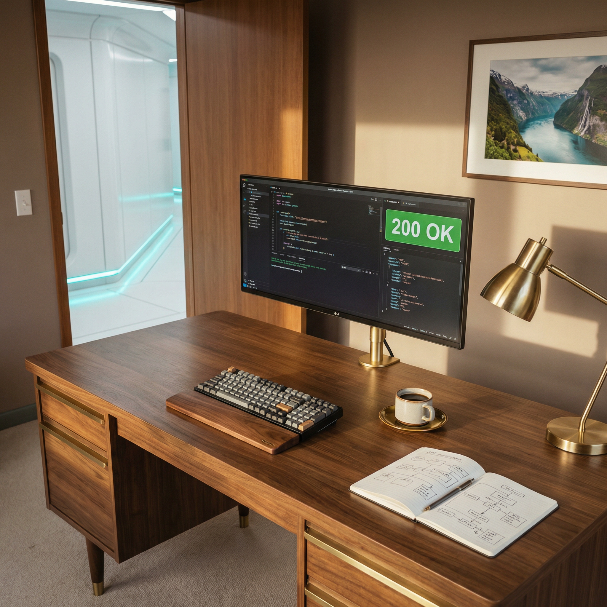 Photorealistic three-quarter overhead shot of a 1960s executive desk with tapered walnut legs and brushed brass accents. Monitor on a brass arm showing dark-mode Python code editor with a JSON response panel and green 200 OK badge. On the desk: mechanical keyboard with walnut wrist rest, ceramic coffee cup on brass saucer, open notebook with hand-drawn API diagrams, brass desk lamp. Through a half-open wooden door behind the desk, a bright white futuristic corridor with cyan LED baseboard is barely visible. Warm taupe walls, framed Norwegian fjord photo, afternoon sunlight. 40mm lens, f/3.5, warm grading, gentle background bokeh.