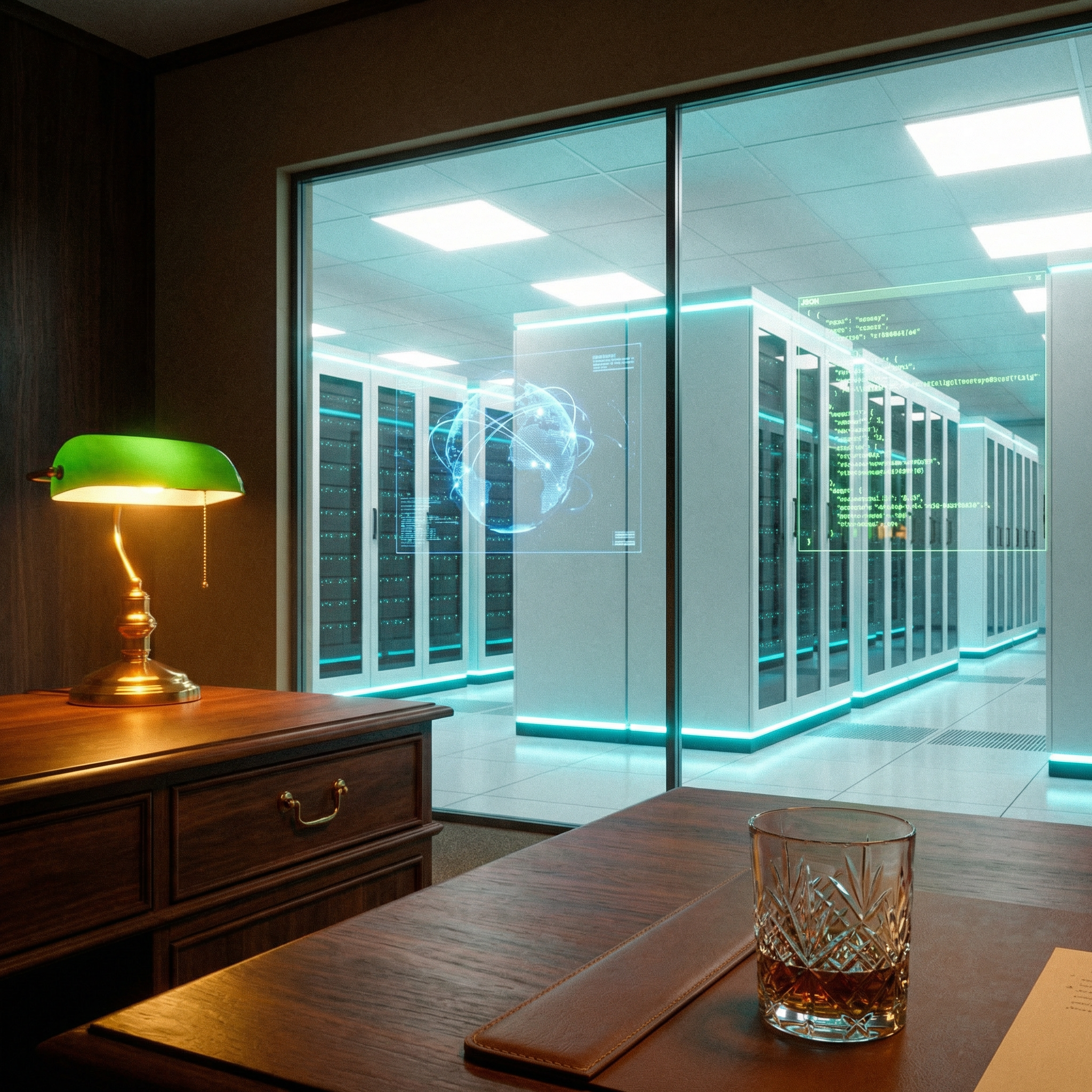 Photorealistic interior of a 1960s executive office looking through a floor-to-ceiling glass partition into a pristine white neo-futuristic server hall. Foreground: polished dark walnut desk edge with brass drawer pulls, green-shaded banker's lamp casting warm amber light, crystal tumbler on a leather blotter. Through the glass: rows of seamless matte-white server columns edge-lit by thin cyan LED strips stretching into deep perspective, translucent holographic panels floating between them displaying a globe with blue connection arcs and cascading green JSON data. Dramatic warm-to-cool color temperature split at the glass plane. 35mm lens, f/5.6, deep focus, cinematic grading, subtle film grain.