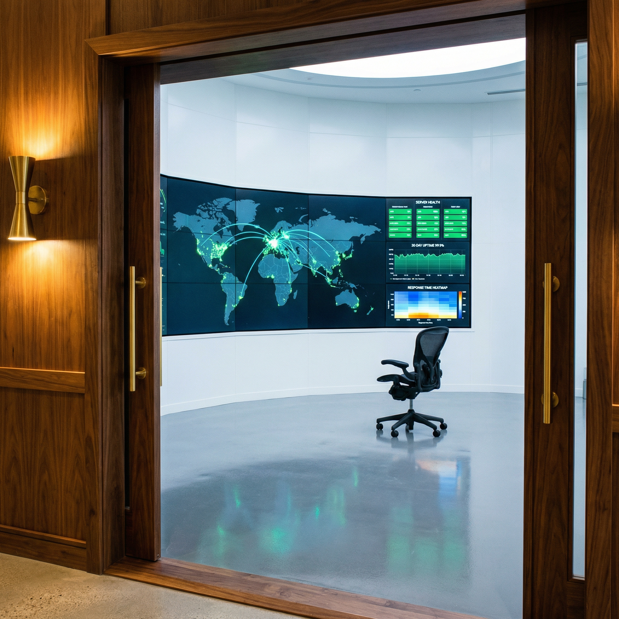 Photorealistic wide-angle shot through open walnut double doors with brass handles into a pristine white operations center. Warm walnut door frame with brass sconce contrasts the cool room beyond. Curved 3x3 display wall showing a world map with green endpoint markers and cyan arcs, server health cards with green indicators, a 30-day uptime graph at 99.9 percent, and a blue-to-amber response-time heatmap. White resin walls, grey epoxy floor reflecting screen glow. Single unoccupied ergonomic chair centered, slightly turned. No clutter, no cables. Dramatic warm-to-cool threshold, Westworld lab revealed through a Mad Men door. 24mm lens, f/5.6, deep focus, cinematic grading, fine grain.