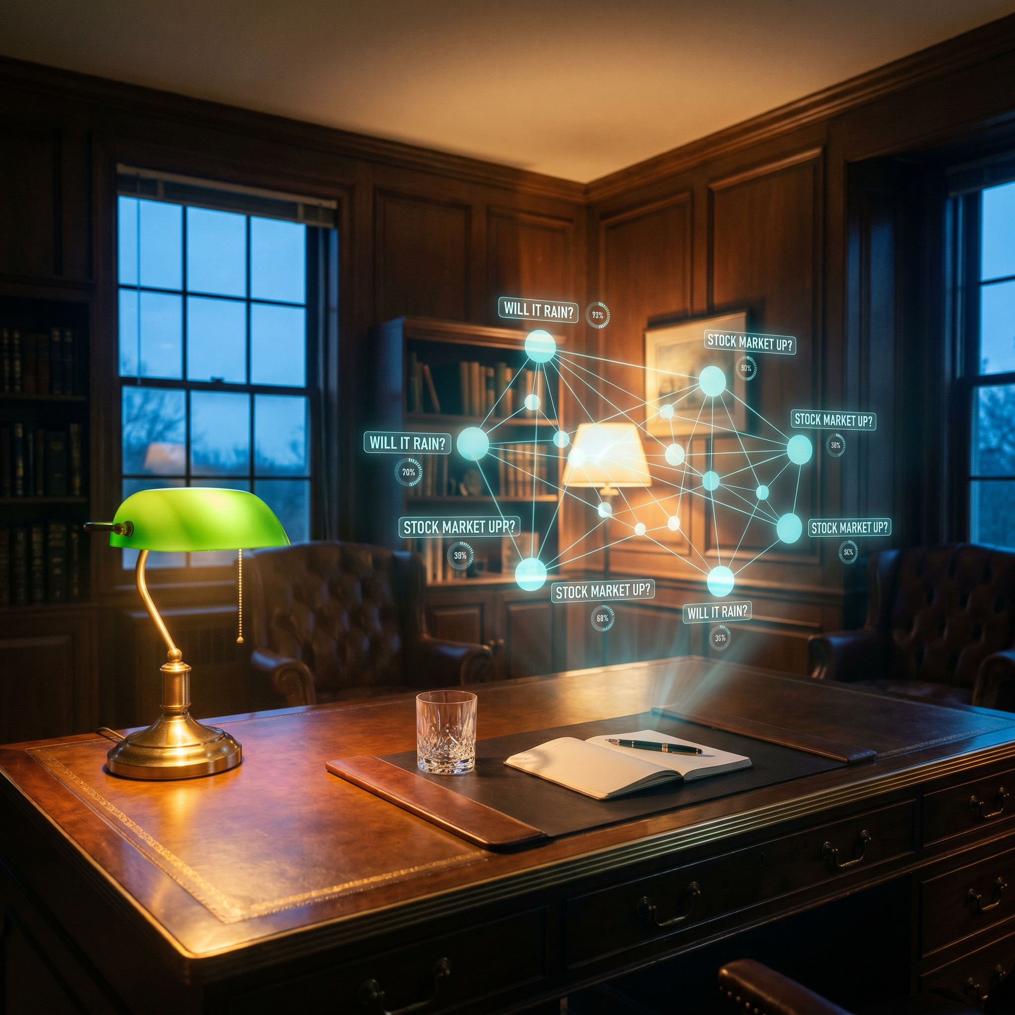 Photorealistic interior of a 1960s executive study at dusk. Polished dark walnut desk with brass accents, green-shaded banker's lamp casting warm amber light, a crystal tumbler on a leather blotter, a fountain pen resting on an open notebook. Floating above the desk, a translucent holographic belief network: softly glowing cyan nodes labelled with short yes/no questions, connected by thin directed arcs, each node carrying a small probability gauge. Warm-to-cool color temperature split between the wood-panelled room and the cool data-glow. 35mm lens, f/4, cinematic grading, subtle film grain.
