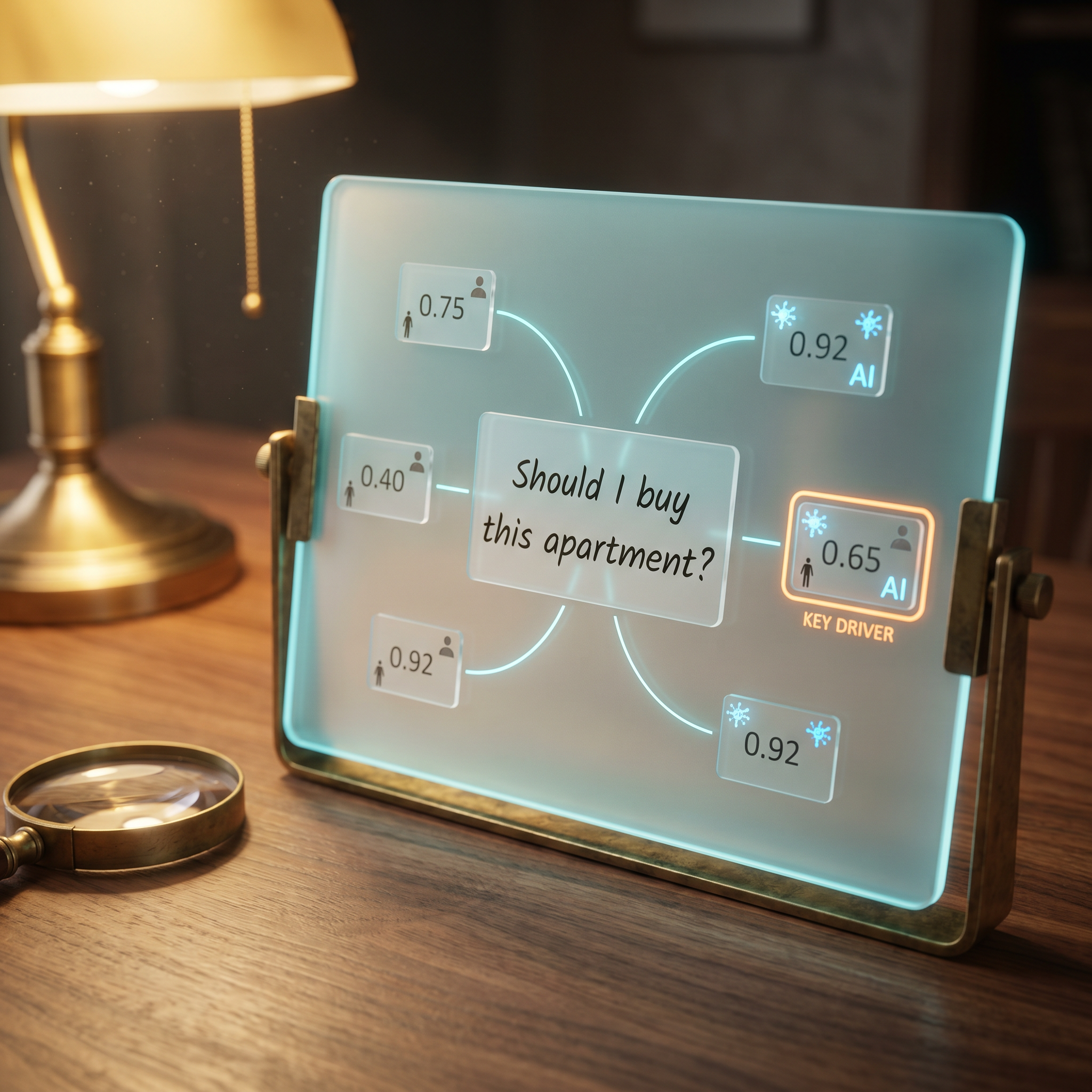 Photorealistic close-up over a walnut reading table of a single translucent glass panel held upright in a brass stand. On the panel, an Inquiry takes shape: a central question card reading 'Should I buy this apartment?', surrounded by smaller belief cards each showing a probability between 0 and 1, some tagged with a small human icon and others with a subtle AI spark icon. Thin cyan arcs link the beliefs to the question; one belief is highlighted as a 'key driver'. A brass-rimmed magnifier rests beside the panel. Warm desk light, cool panel glow, shallow depth of field. 50mm lens, f/2.8, cinematic grading.