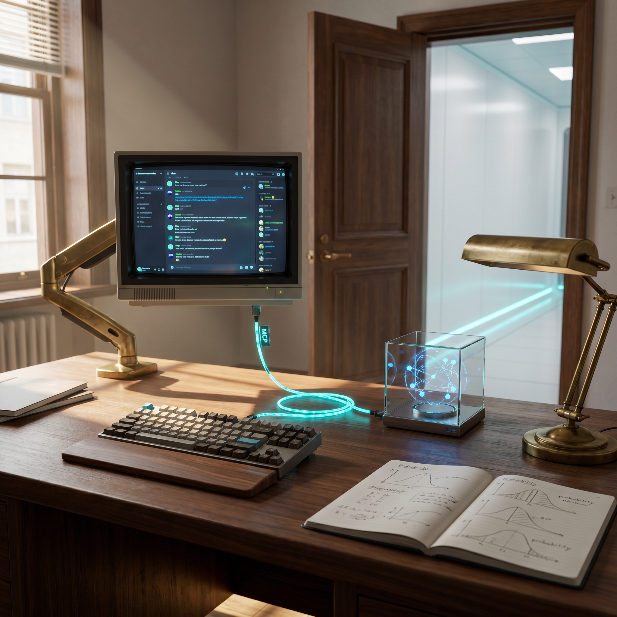 Photorealistic three-quarter view of a 1960s executive desk where a warm wood-panelled world meets a cool neo-futuristic one. A monitor on a brass arm shows a dark-mode chat client connected, via a glowing cyan link labelled 'MCP', to a small probabilistic model rendered as nodes and arcs. On the desk: a mechanical keyboard with walnut wrist rest, a brass desk lamp, a notebook with hand-drawn probability sketches. Through a half-open wooden door behind the desk, a bright white corridor with cyan LED baseboard is barely visible. Afternoon light, warm grading with cool accents. 40mm lens, f/3.5, gentle background bokeh.