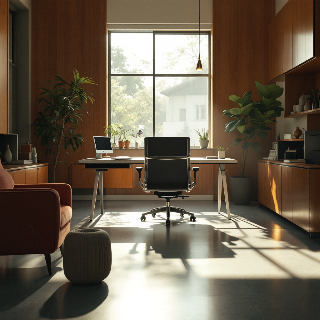 A mid-century modern office illuminated by afternoon light, with warm wood paneling and subtle metallic accents. A sleek desk is alive with Slack notifications, reflecting the frenetic energy of last-minute feature requests. Discreet hints of futuristic technology glimmer behind the vintage façade, evoking Gnist's seamless blend of classic sophistication and advanced AI support.