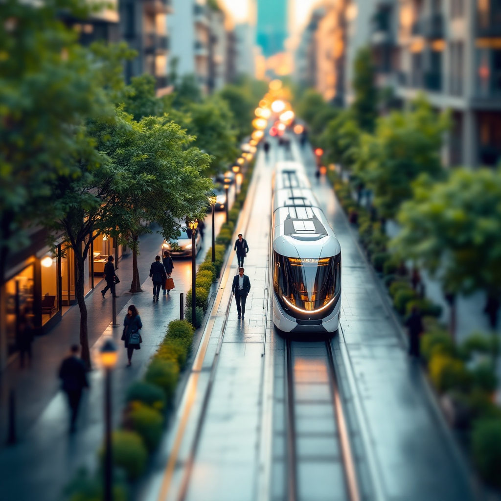 Bird's view tilt shift photo of an early-evening commuter scene in European city, with Neo-futuristic tram going through a scenic city. Neo-futuristic buildings and soft greenery blend seamlessly. Warm lighting underscores the calm transition from work to leisure.