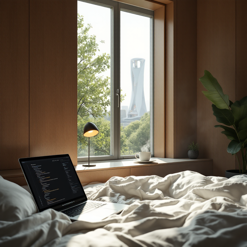 A softly lit morning scene in a retro-modern executive space with warm wood paneling, subtle brushed metal details, and a sleek laptop open on a minimal desk. Sunbeams filter through tall windows overlooking a neo-futuristic skyline, hinting at advanced technology concealed behind mid-century sophistication. Soft greenery accents add a calming, Nordic minimalism touch, evoking Gnist's timeless power and understated innovation.