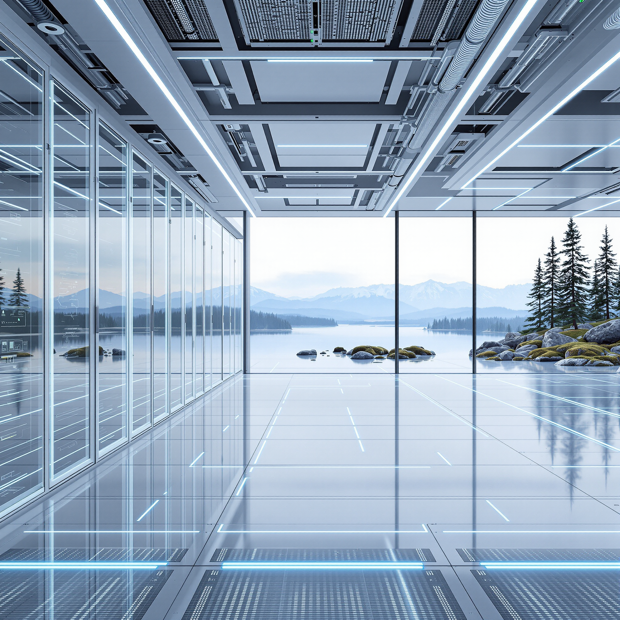 Panoramic interior of a hyper-advanced server hall: rows of matte-white racks edged by crisp blue-white LEDs, glowing glass-fiber conduits beneath a transparent floor, and floating holographic dashboards. Ceiling-mounted robotic arms glide silently, showcasing seamless automation. One wall of floor-to-ceiling glass looks onto a restrained Nordic landscape—distant pine-covered hills, a calm fjord reflecting soft daylight, and a few mossy rocks in the mid-ground—enough to suggest serene wilderness without overpowering the technological focus. Atmosphere: immaculate Neo-Futurism inside, subtle Scandinavian nature outside, in perfect understated balance.