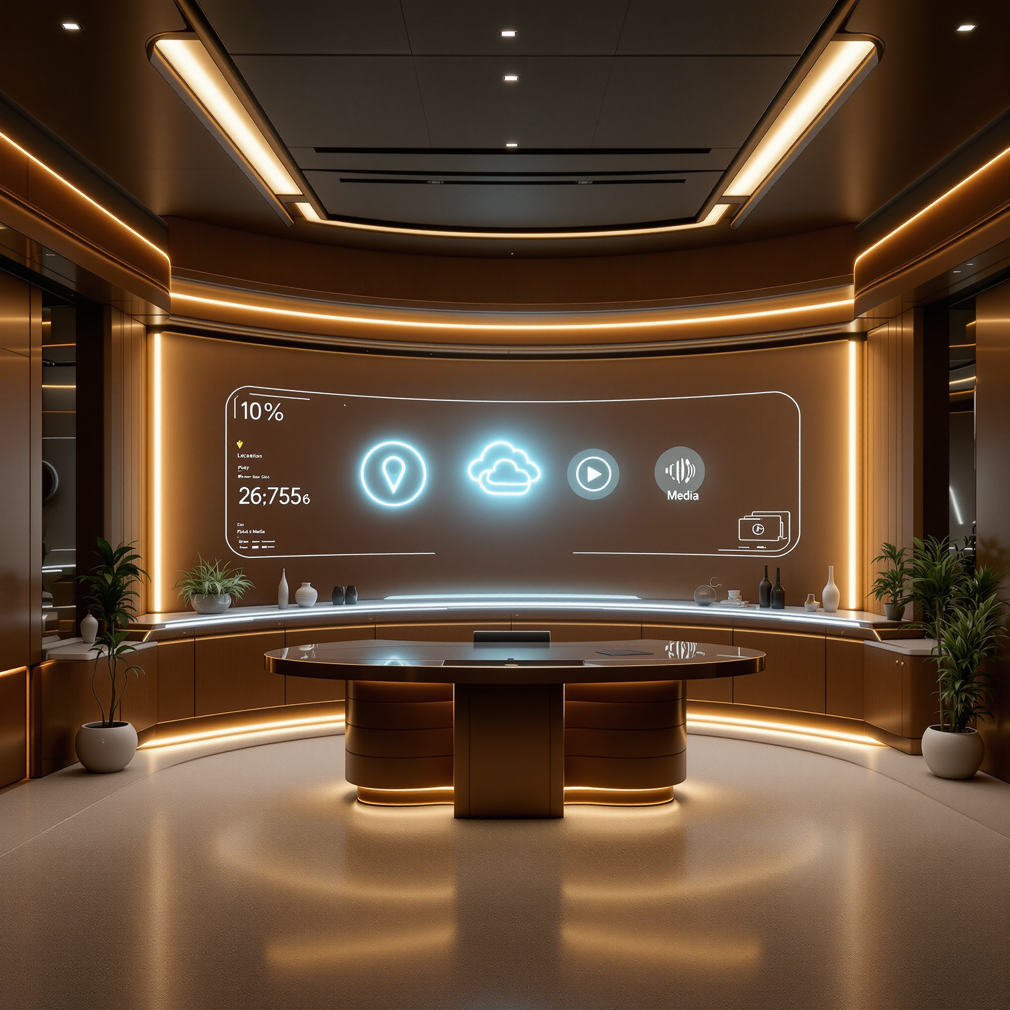 A sleek, minimalist workspace inspired by Neo-Futurism with white surfaces, smooth contours, subtle curves, and softly glowing interfaces depicting various context-rich scenarios such as maps, weather visuals, and emotional analytics.