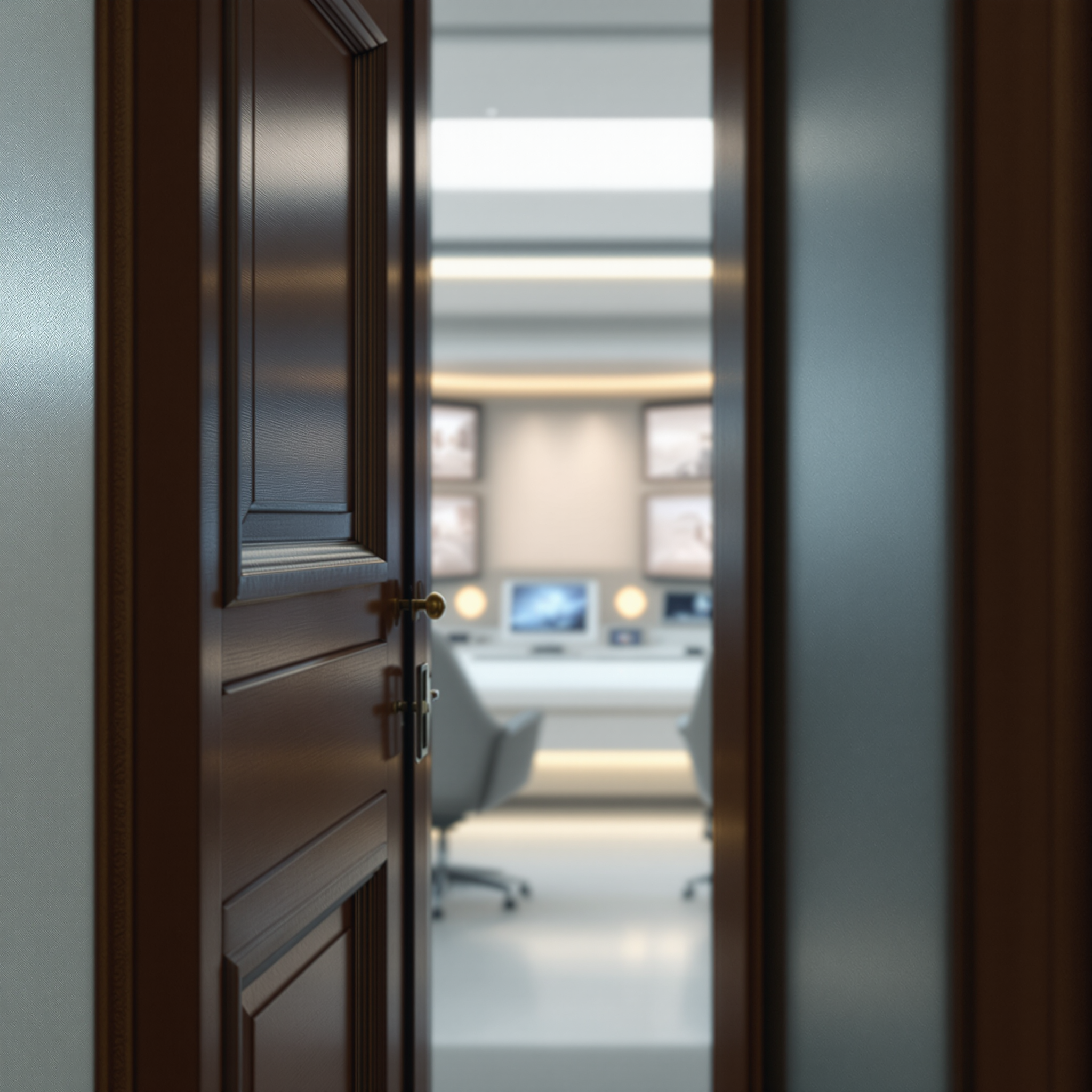 Close-up viewpoint from inside a refined vintage executive office, positioned very near a slightly open wooden door fitted with lightly frosted glass. Through the soft frosting, subtle yet clear silhouettes of multiple sleek, minimalist monitors displaying dynamic feed streams gently glow, set within a pristine, futuristic control room characterized by smooth white surfaces and ambient lighting. The blurred but unmistakable presence of the screens evokes a sophisticated contrast between timeless elegance and discreetly revealed technological innovation.