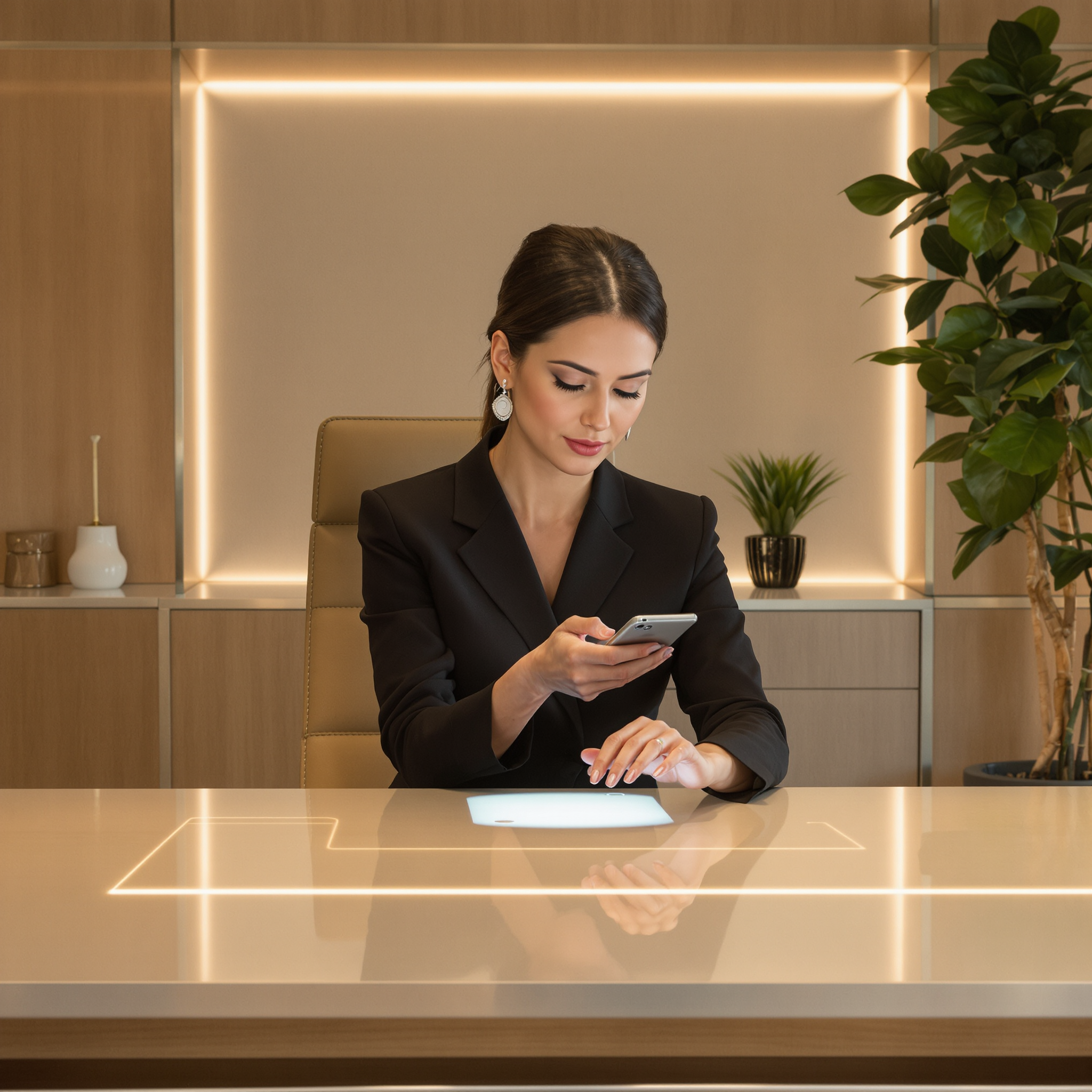 Over-the-shoulder perspective capturing an elegant woman with gentle features seated gracefully at a refined, mid-century executive desk. She calmly engages with a sleek, futuristic smartphone, the screen softly illuminating her fingertips without revealing its content. Surrounding her, warm wooden accents and brushed metals blend seamlessly with subtle high-tech elements—minimal glowing lines, discreet holographic interfaces gently projected onto smooth, minimalist surfaces, and softly concealed ambient lighting. Natural greenery complements the sophisticated yet tranquil Nordic-inspired minimalism, creating a quiet, empowering atmosphere.