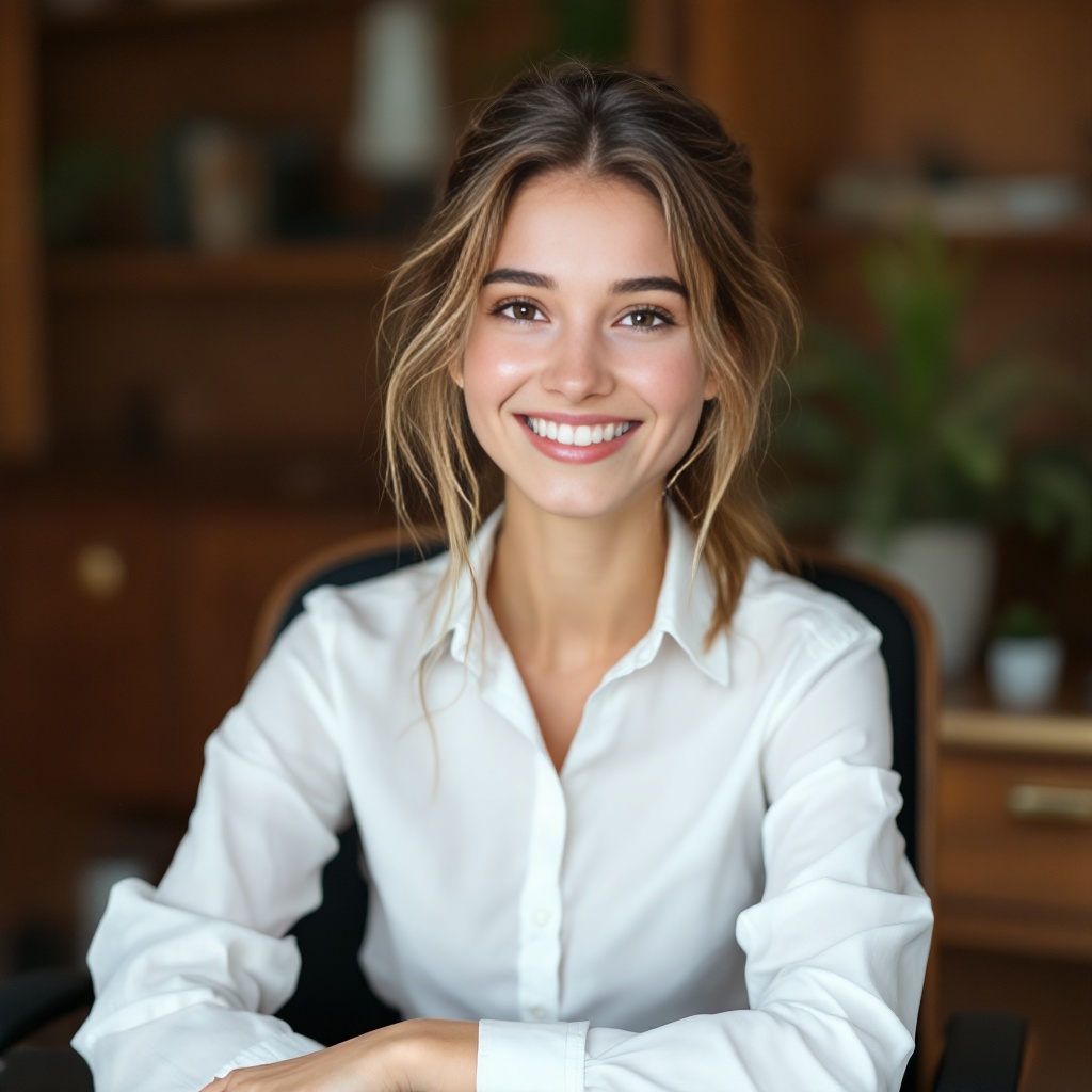 A young French Canadian professional in her twenties sits at an executive desk, smiling brightly while exuding quiet confidence. Her light brunette hair is styled in a low ponytail, falling past her shoulders, while her hazel eyes and fair complexion are enhanced by subtle, natural makeup. She's dressed in a crisp white slim-fit button-down and tailored black trousers, perfectly complementing the warm wood tones and brass accents of her mid-century modern office space.