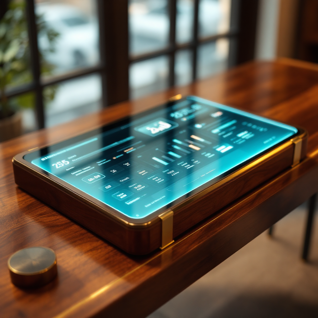 A rich mahogany desk holds a cutting-edge holographic dashboard, its warm glow reflecting off brass accents. Elegant mid-century modern styling meets tomorrow's tech as calendar events and task lists shimmer translucently above polished wood surfaces.