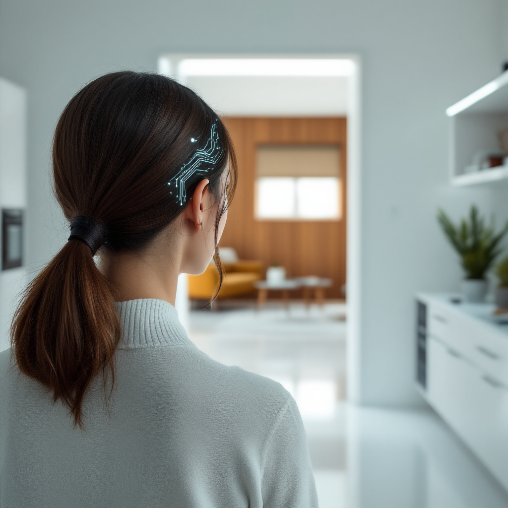 Woman in a bright minimalist lab wearing a cardigan and low ponytail with a subtle circuit-like glow at her temple, with a mid-century modern room visible through a doorway.