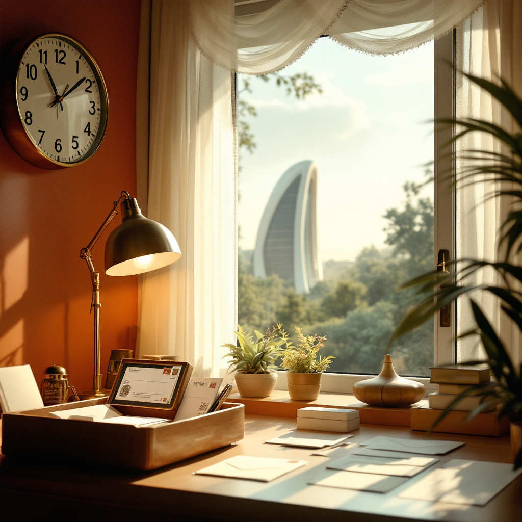 A warm, 1960s-style office showcases a polished desk with a vintage letter tray, stamped envelopes, and a prominent mid-century clock on the wall. A brushed-metal lamp casts a soft glow over the stationery. Through a window framed by light greenery, a gently curved, neo-futuristic building is visible at a closer distance—suggesting a quietly integrated future that complements the cozy retro ambiance.