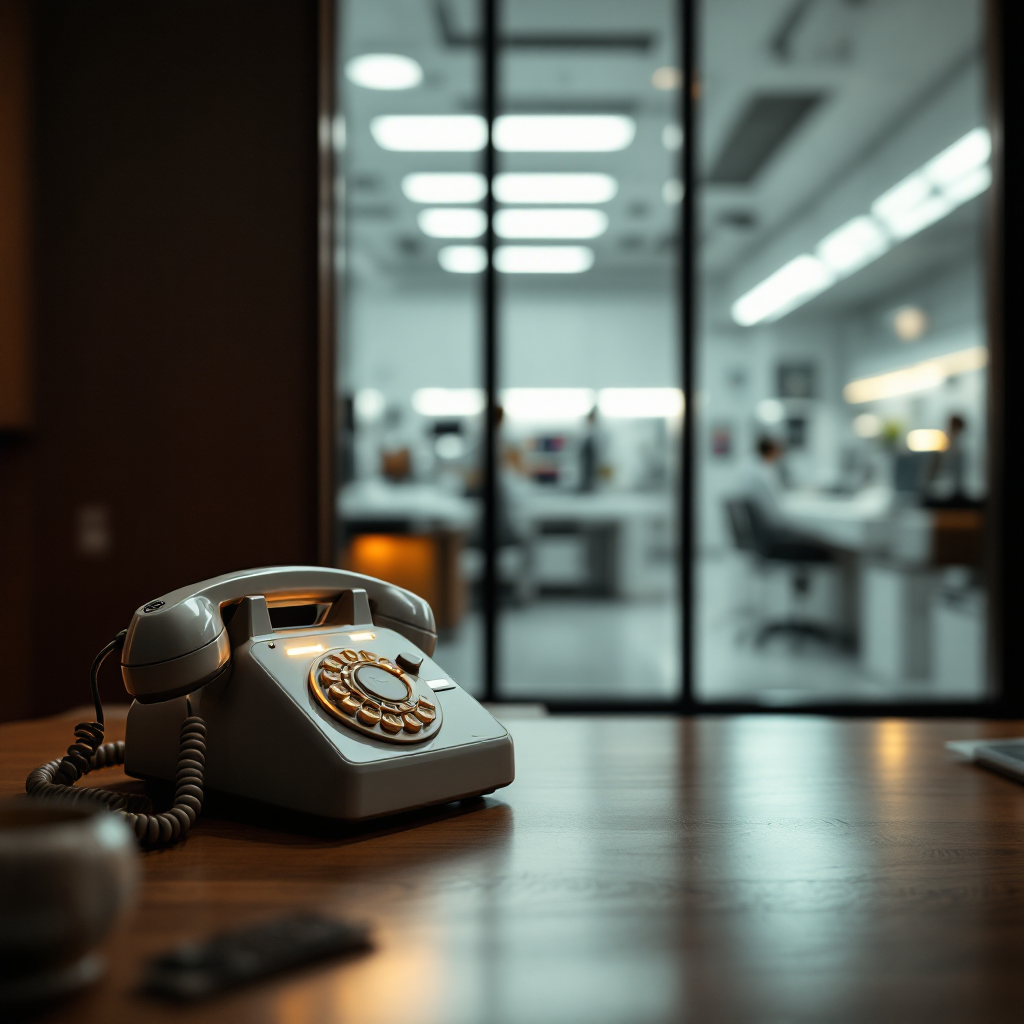 A stylish, 1960s rotary telephone sits on a polished wooden desk in a Mad Men–style office. Warm ambient lighting highlights the retro detailing. Subtle, glowing accents on the phone suggest advanced communications technology hidden beneath its vintage exterior. Through a glass partition, a sleek, white, neo-futuristic lab—evoking a futuristic back-of-house—contrasts with the cozy mid-century setting.