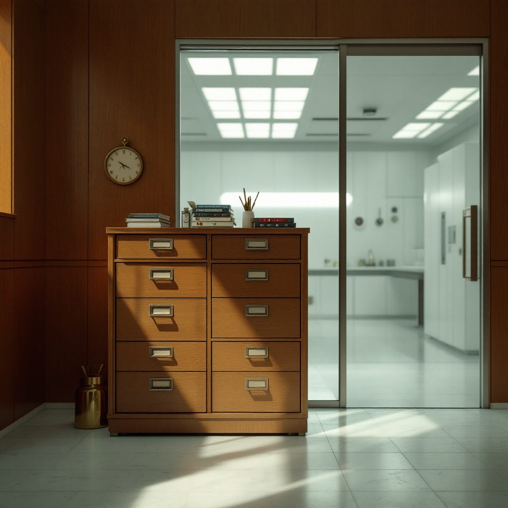 A warmly lit, 1960s-style office with wood paneling shows a classic file cabinet—polished metal drawer handles, crisp labels, and mid-century detailing—at center. Through a glass partition, a stark, white, neo-futuristic lab reminiscent of Westworld subtly contrasts the cozy, retro front room. The scene evokes a seamless blend of Mad Men elegance and advanced hidden technology, as though the vintage office is part of a theme park concealing a cutting-edge AI core.