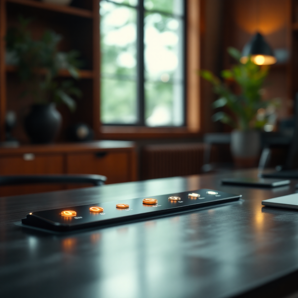 A mid-century modern office scene with warm wood and subtle metallic accents. On a polished desk, a sleek, retro-futuristic control panel displays small glowing icons for various popular platforms—each with an on/off toggle indicating selective access. Hints of advanced AI tech gleam discreetly in the background, evoking a sense of secure, behind-the-scenes power. The overall mood blends vintage executive authority with understated futuristic innovation, emphasizing user control over integrations and tool access.